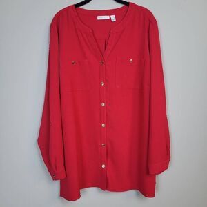 Susan Graver 20W Button Down Tunic Top Red Roll Tab Sleeves Chest Pockets V Neck